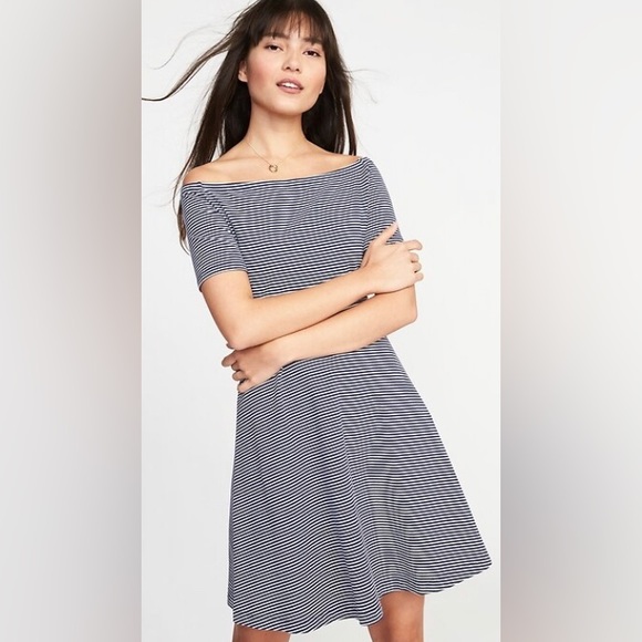 Old Navy Dresses & Skirts - Old Navy Womens Fit to Flare off the Shoulder Dress in Navy/White Stripe Sz SP